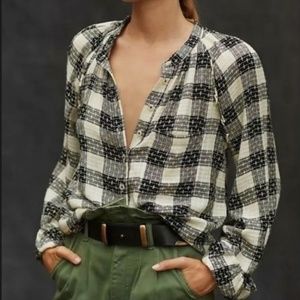 Anthropologie Pilcro Embroidered Checked Button Down Top